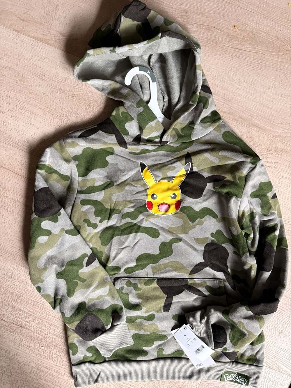 Pokemon Pikachu Hoodie Size M Camo Green Fleece Pullover
